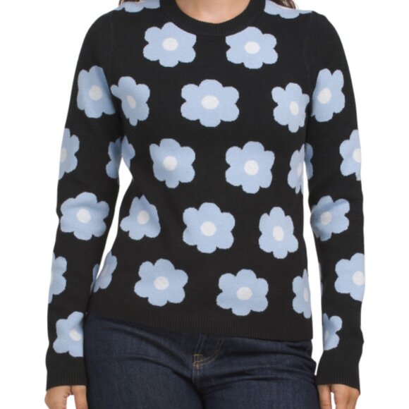 Cynthia Rowley Doubleknit Floral Crew Neck Sweater Black Blue Large - Picture 3 of 5